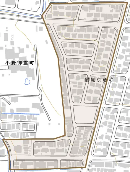 醍醐京道町とその周辺の地図。町の範囲を重ねている