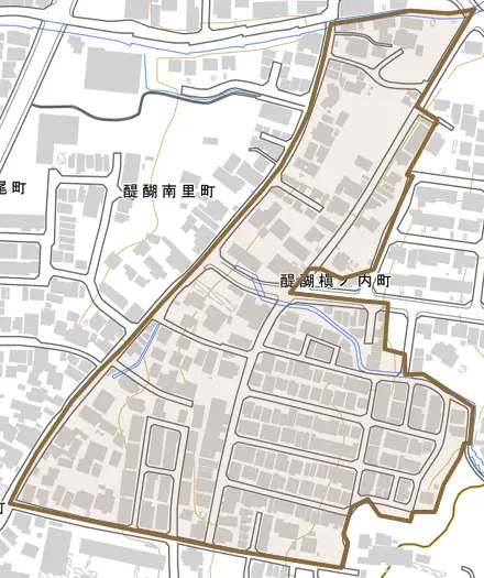 醍醐槇ノ内町とその周辺の地図。町の範囲を重ねている