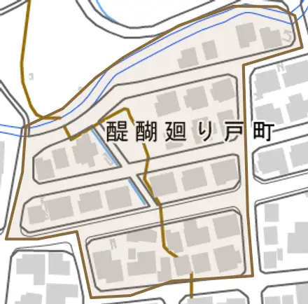 醍醐廻り戸町とその周辺の地図。町の範囲を重ねている