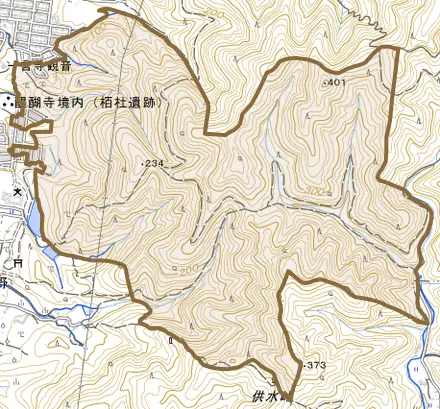 醍醐南端山町とその周辺の地図。町の範囲を重ねている