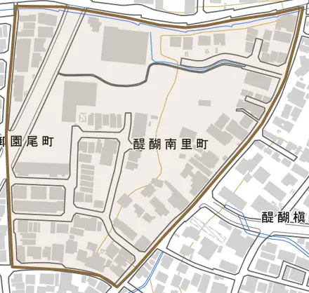 醍醐南里町とその周辺の地図。町の範囲を重ねている