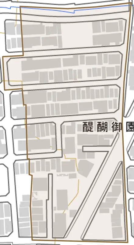 醍醐御園尾町とその周辺の地図。町の範囲を重ねている