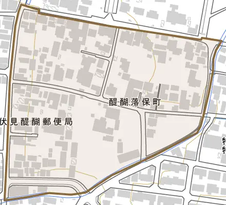 醍醐落保町とその周辺の地図。町の範囲を重ねている