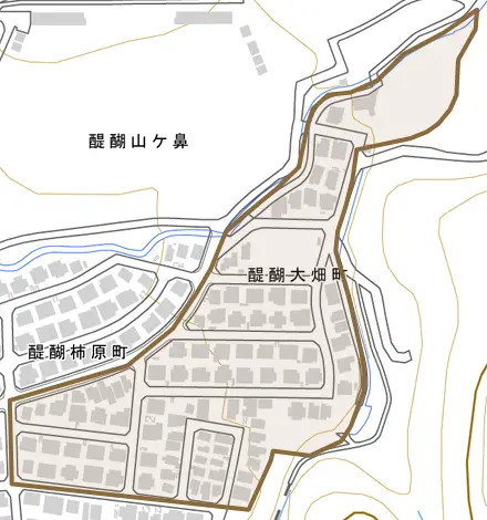 醍醐大畑町とその周辺の地図。町の範囲を重ねている