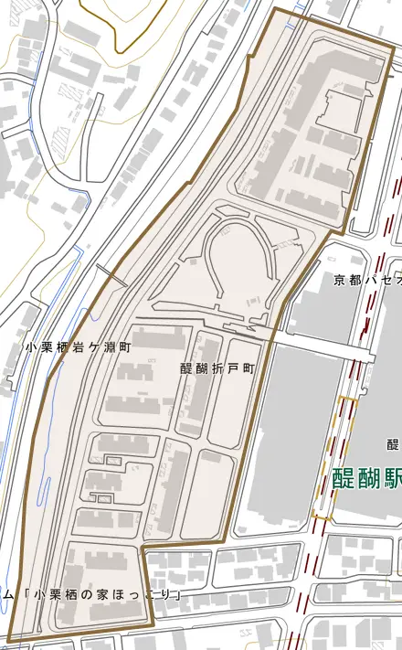 醍醐折戸町とその周辺の地図。町の範囲を重ねている
