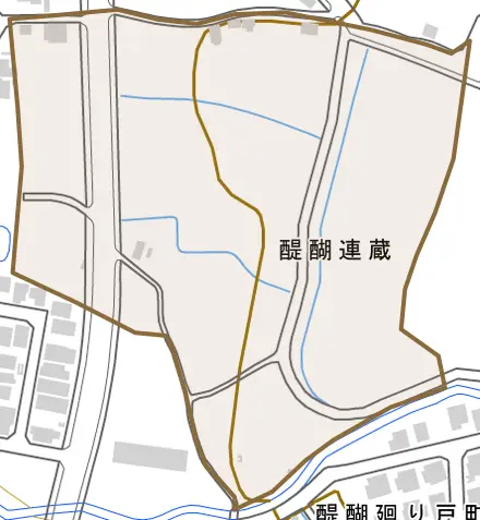 醍醐連蔵とその周辺の地図。町の範囲を重ねている