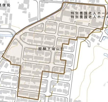 醍醐下端山町とその周辺の地図。町の範囲を重ねている