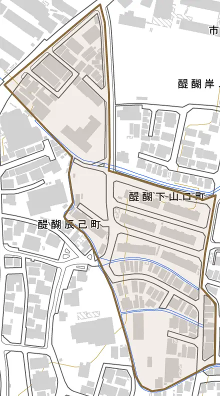 醍醐下山口町とその周辺の地図。町の範囲を重ねている