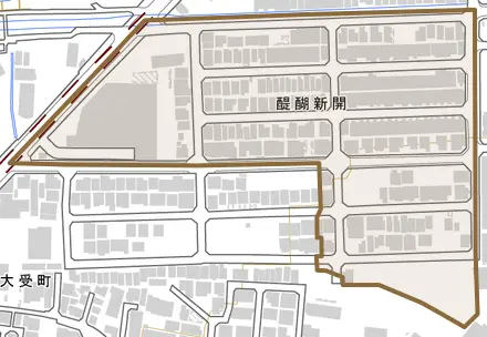 醍醐新開とその周辺の地図。町の範囲を重ねている