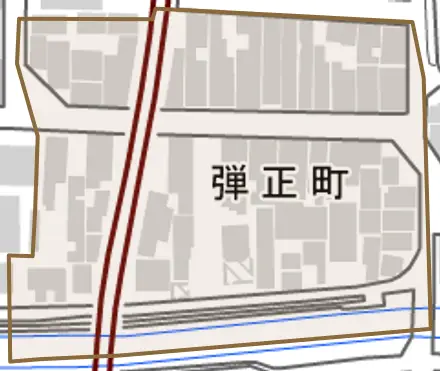弾正町とその周辺の地図。町の範囲を重ねている