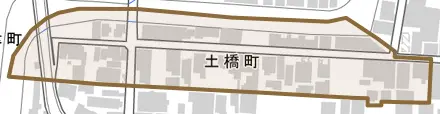土橋町とその周辺の地図。町の範囲を重ねている
