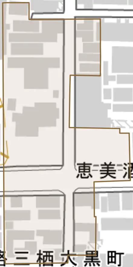 恵美酒町とその周辺の地図。町の範囲を重ねている