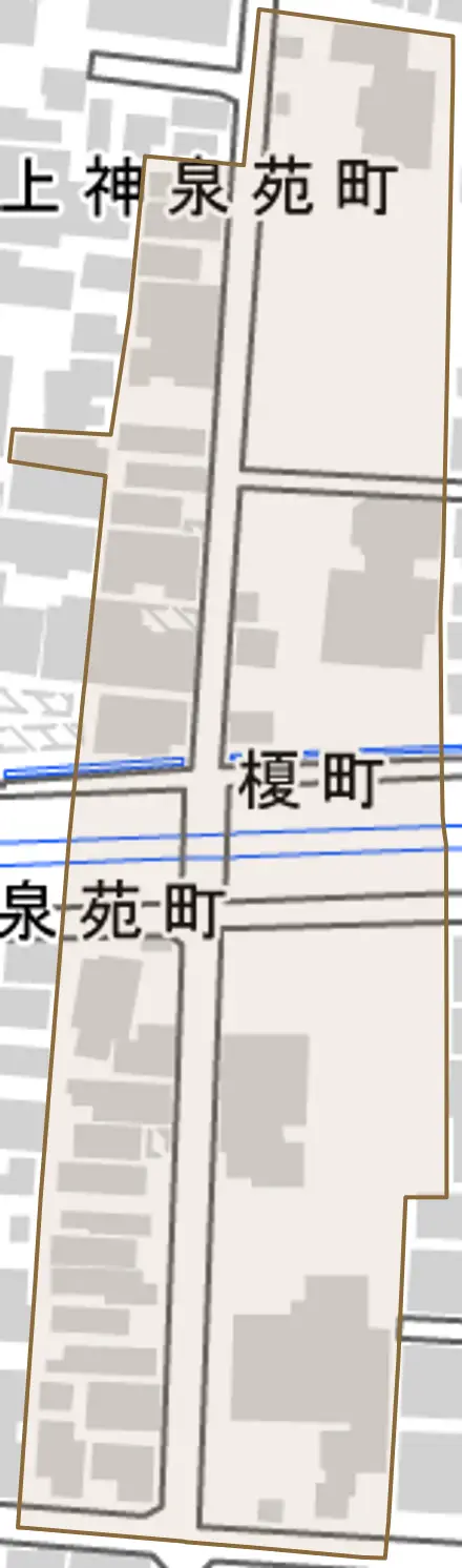 榎町とその周辺の地図。町の範囲を重ねている