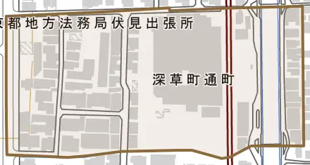 深草町通町とその周辺の地図。町の範囲を重ねている