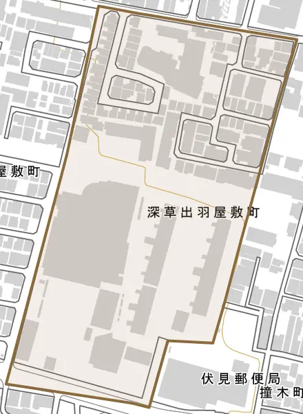 深草出羽屋敷町とその周辺の地図。町の範囲を重ねている