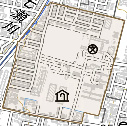 深草越後屋敷町とその周辺の地図。町の範囲を重ねている