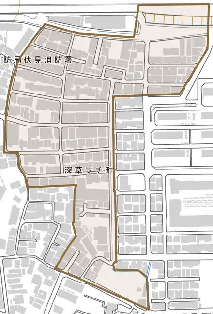 深草フチ町とその周辺の地図。町の範囲を重ねている