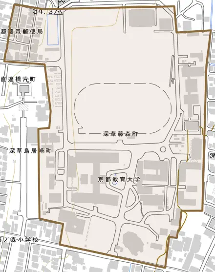 深草藤森町とその周辺の地図。町の範囲を重ねている