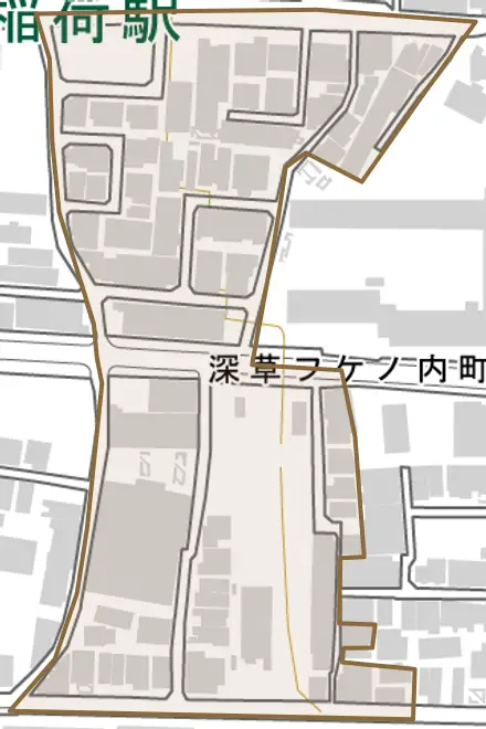 深草フケノ内町とその周辺の地図。町の範囲を重ねている
