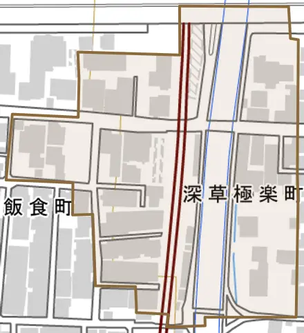 深草極楽町とその周辺の地図。町の範囲を重ねている