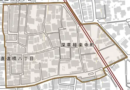 深草極楽寺町とその周辺の地図。町の範囲を重ねている