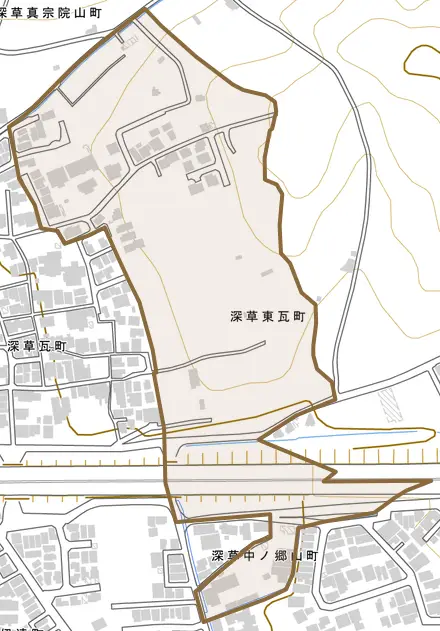 深草東瓦町とその周辺の地図。町の範囲を重ねている