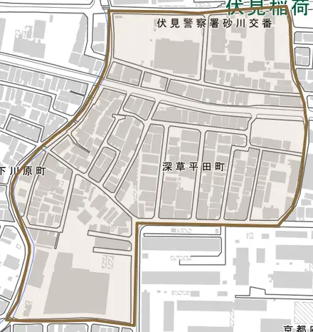 深草平田町とその周辺の地図。町の範囲を重ねている