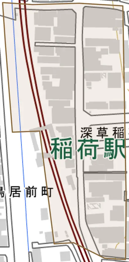 深草稲荷御前町とその周辺の地図。町の範囲を重ねている