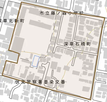 深草石橋町とその周辺の地図。町の範囲を重ねている