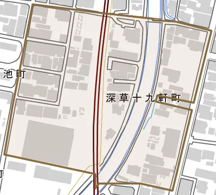 深草十九軒町とその周辺の地図。町の範囲を重ねている