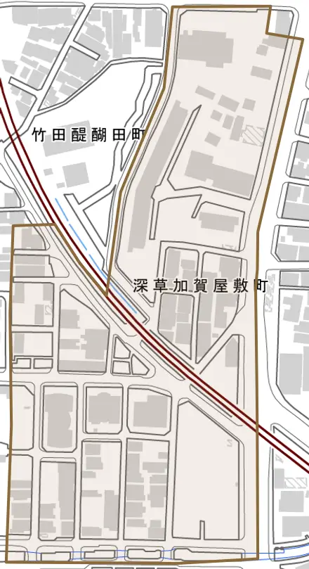 深草加賀屋敷町とその周辺の地図。町の範囲を重ねている