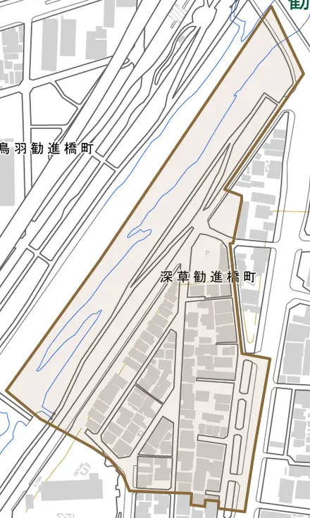 深草勧進橋町とその周辺の地図。町の範囲を重ねている