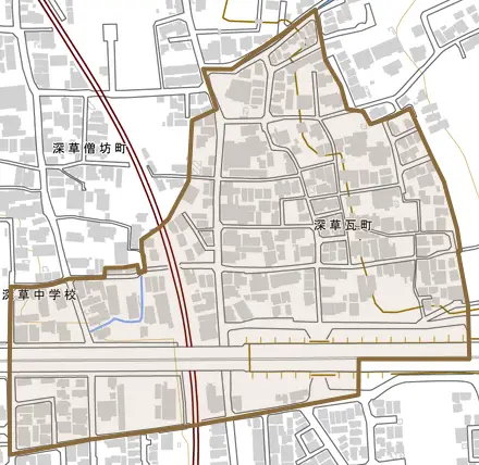 深草瓦町とその周辺の地図。町の範囲を重ねている