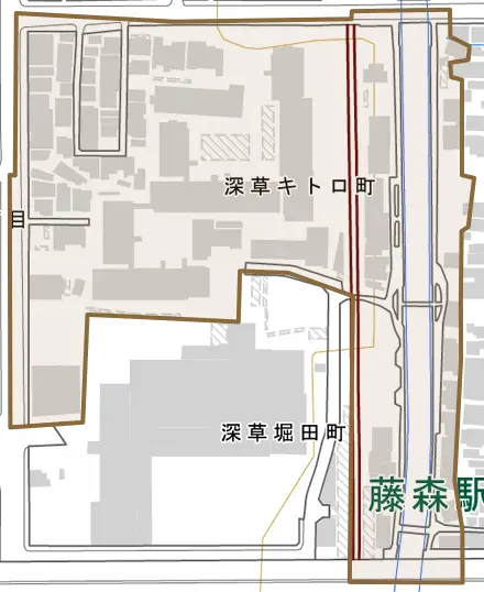 深草キトロ町とその周辺の地図。町の範囲を重ねている