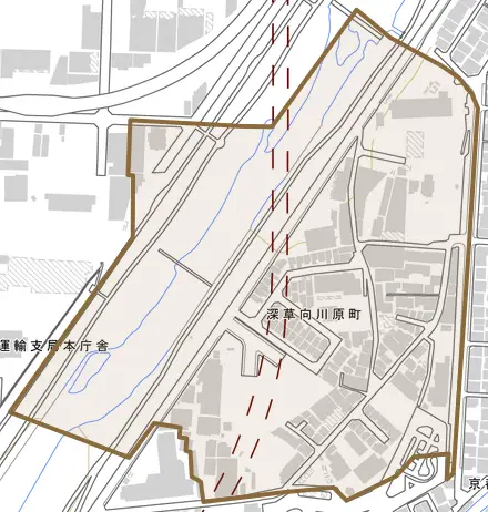 深草向川原町とその周辺の地図。町の範囲を重ねている