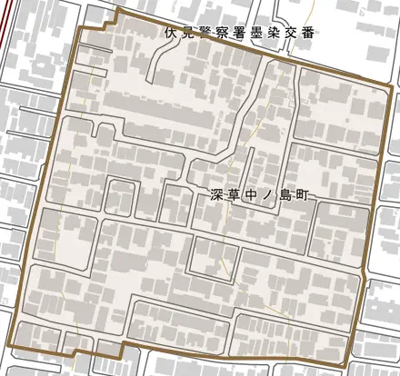 深草中ノ島町とその周辺の地図。町の範囲を重ねている