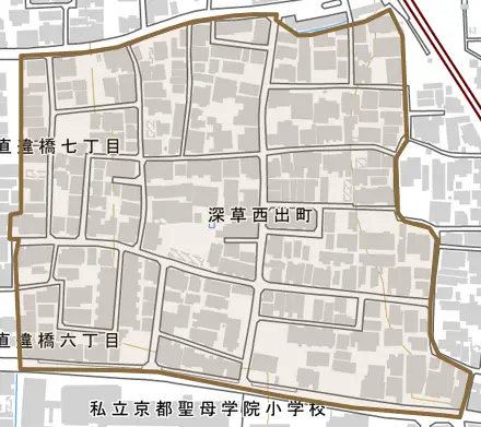 深草西出町とその周辺の地図。町の範囲を重ねている