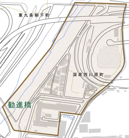 深草西川原町とその周辺の地図。町の範囲を重ねている