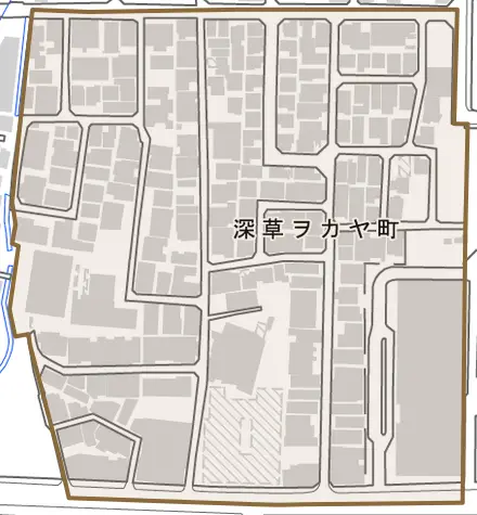 深草ヲカヤ町とその周辺の地図。町の範囲を重ねている
