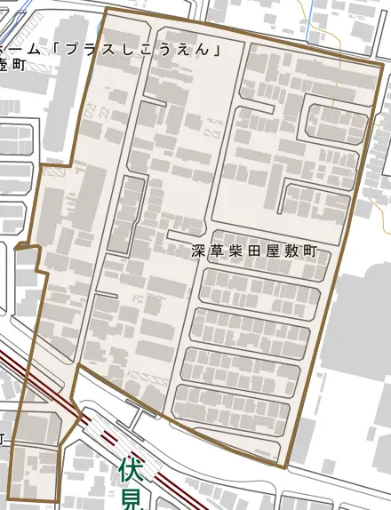 深草柴田屋敷町とその周辺の地図。町の範囲を重ねている