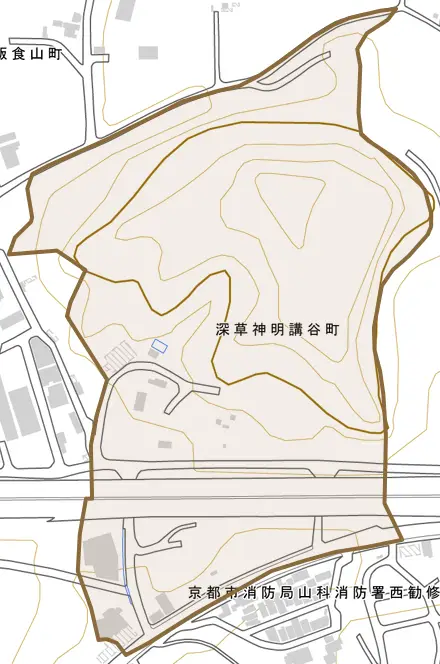 深草神明講谷町とその周辺の地図。町の範囲を重ねている