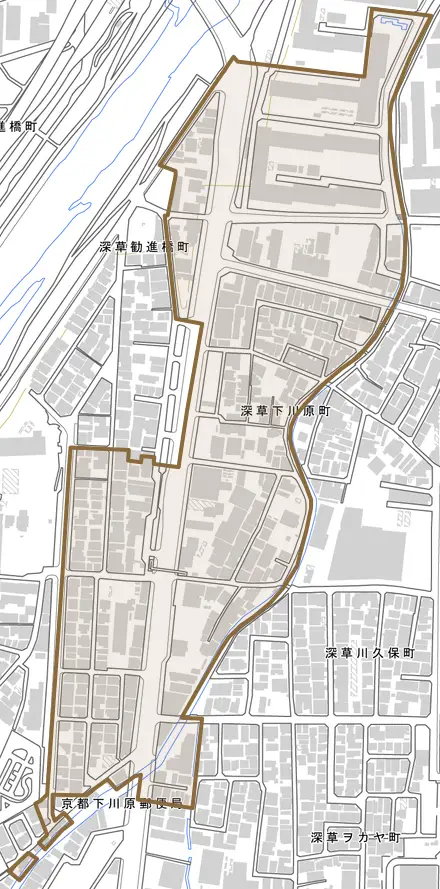 深草下川原町とその周辺の地図。町の範囲を重ねている