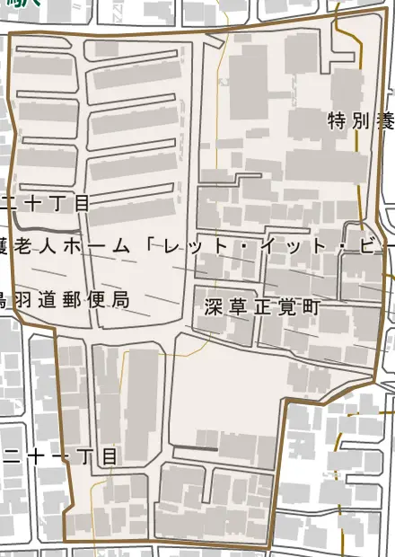 深草正覚町とその周辺の地図。町の範囲を重ねている