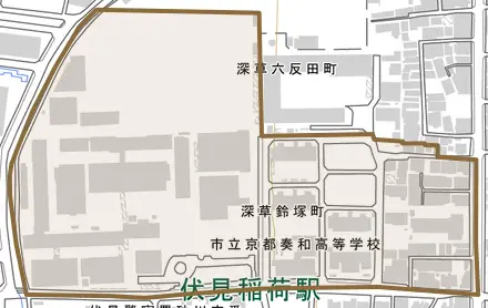 深草鈴塚町とその周辺の地図。町の範囲を重ねている