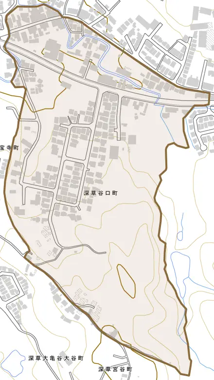 深草谷口町とその周辺の地図。町の範囲を重ねている