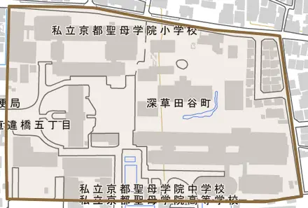 深草田谷町とその周辺の地図。町の範囲を重ねている