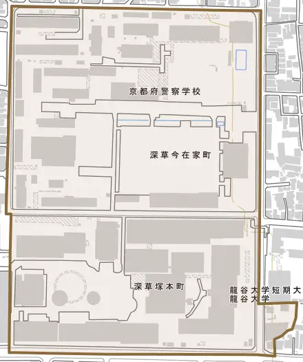 深草塚本町とその周辺の地図。町の範囲を重ねている