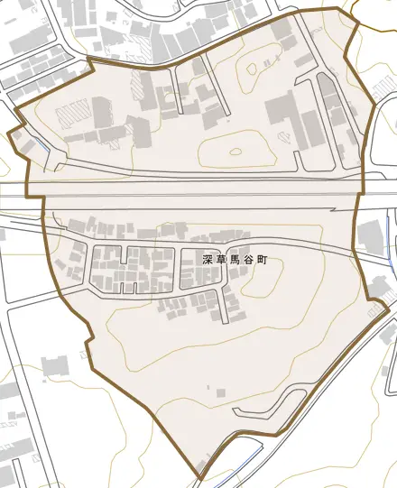 深草馬谷町とその周辺の地図。町の範囲を重ねている