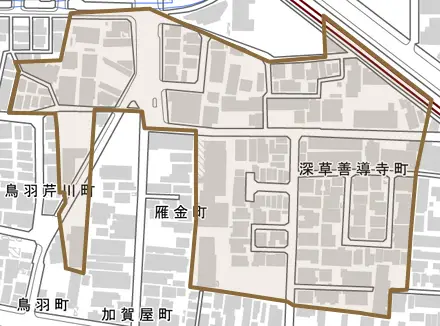 深草善導寺町とその周辺の地図。町の範囲を重ねている