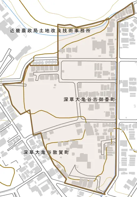 深草大亀谷古御香町とその周辺の地図。町の範囲を重ねている